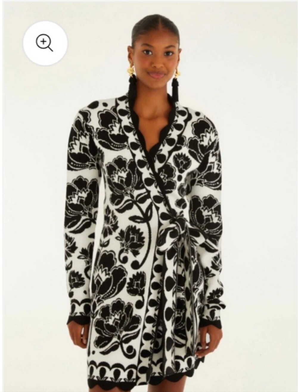 FARM Rio Black and White Floral Knit Robe with Belt
